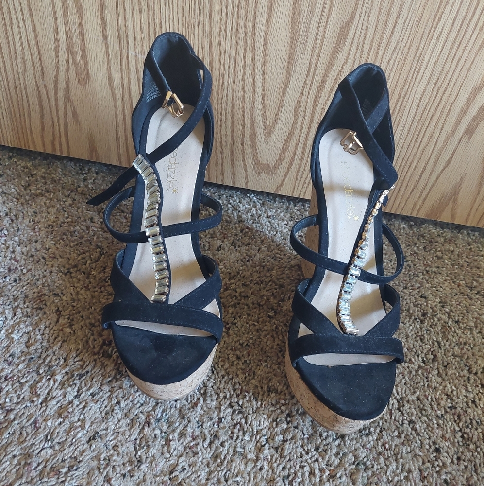 Black Wedge Sandal 8.5 with crystal midline strap